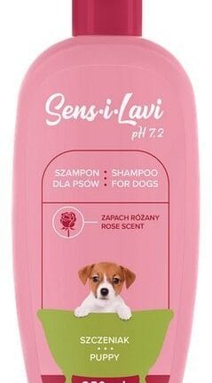 Szampon dla szczeniaka Sens-i-lavi o zapachu różanym, butelka z pH 7,2.