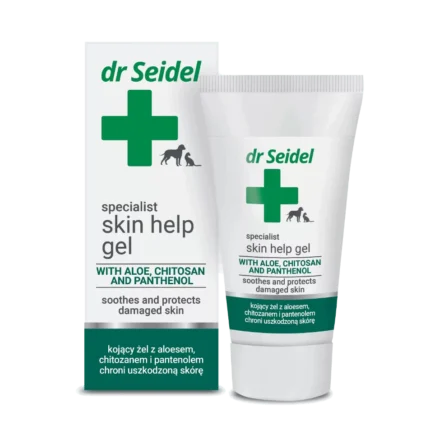 Opakowanie 50ml Dr Seidel Skin Help Gel – preparat wspomagający regenerację skóry dla psa i kota ze srebrem koloidalnym.