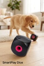 Czarna kostka interaktywna CUBE w różnym rozmiarze wykonana z trwałego tworzywa, służąca do dozowania suchej karmy i zabawy edukacyjnej dla psów.