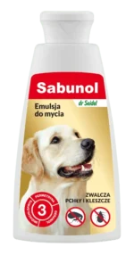 Opakowanie Sabunol Emulsja do mycia na pchły i kleszcze 150ml dla psów.