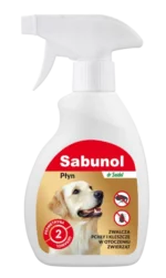 Butelka 250ml płynu Sabunol Dr Seidel płyn na pchły i kleszcze w otoczeniu zwierząt.