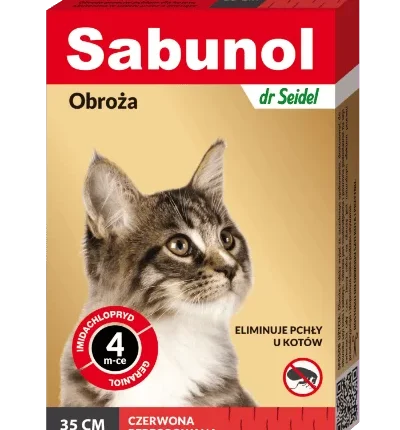 Czerwona obroża Sabunol obroża przeciw pchłom dla kota Dr Seidel 35 cm – produkt do zwalczania pcheł u kotów.