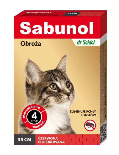 Czerwona obroża Sabunol obroża przeciw pchłom dla kota Dr Seidel 35 cm – produkt do zwalczania pcheł u kotów.