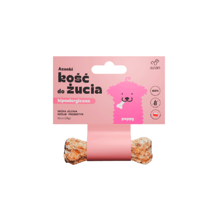 Kość do żucia Azanki Puppy o długości 10cm, wykonana z naturalnej skóry jelenia z dodatkiem królika i probiotyku, dedykowana dla szczeniąt.