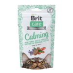 Brit Care Cat Functional Snack Calming Opakowanie 50g przysmaków uspokajających z grafiką kurczaka, kocimiętki i jagód goji, dedykowane dla zestresowanych kotów.