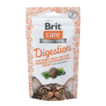 Opakowanie 50g przysmaków wspomagających trawienie Brit Care Cat Functional Snack Digestion z grafiką tuńczyka i kopru włoskiego, dedykowane dla kotów z wrażliwym układem pokarmowym.