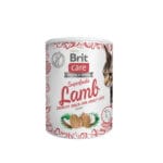 Opakowanie 100g przysmaków Brit Care Cat Superfruits Lamb z grafiką jagnięciny, borówek i rokitnika, dedykowane dla dorosłych kotów.