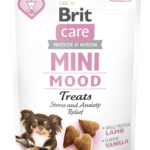 Opakowanie 50g przysmaków funkcjonalnych Brit Care Dog Mini Treats Mood z grafiką krewetek i liści konopi, wspomagających relaksację u psów ras małych.