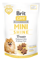 Opakowanie 50g przysmaków funkcjonalnych Brit Care Dog Mini Treats Shine z grafiką łososia i rokitnika, wspomagających zdrowie skóry i sierści u psów ras małych.
