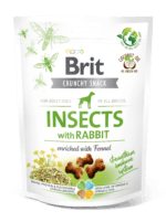 Opakowanie 200g ciastek Brit Care Dog Crunchy Cracker Insects & Rabbit z grafiką owadów, królika i kopru włoskiego, przeznaczone dla psów z wrażliwym układem pokarmowym.