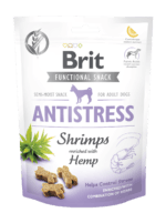 Opakowanie 150g funkcjonalnych przysmaków Brit Care Functional Snack Antistress Shrimp z grafiką krewetek i liści konopi, dedykowane dla psów w sytuacjach stresowych.