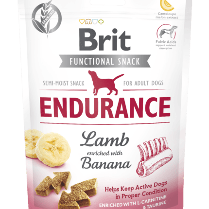 Opakowanie 150g funkcjonalnych przysmaków Brit Care Functional Snack Endurance Lamb z grafiką jagnięciny i bananów, przeznaczone dla psów o wysokiej aktywności fizycznej.