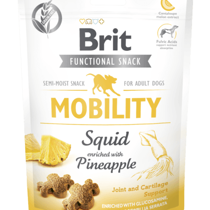 Opakowanie 150g funkcjonalnych przysmaków Brit Care Functional Snack Mobility Squid z grafiką kałamarnicy i ananasa, dedykowane dla zdrowia stawów i mobilności psów.