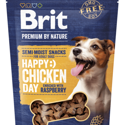 Opakowanie 180g półmiękkich przysmaków Brit Premium by Nature Semi-Moist Snacks Chicken with Raspberry z grafiką soczystego kurczaka i malin.