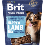 Opakowanie 180g przysmaków Brit Premium Dog Happy Snacks Lamb with Sea Buckthorn z grafiką jagnięciny i owoców rokitnika, przeznaczone dla dorosłych psów.