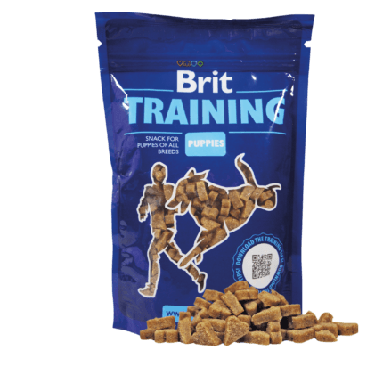 Opakowanie 100g przysmaków treningowych Brit Training Snack Puppies z grafiką szczeniaka i kurczaka, przeznaczone do nagradzania psów podczas nauki.