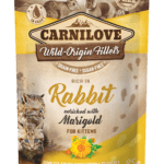 Saszetka 85g mokrej karmy Carnilove Kitten Rabbit & Marigold z grafiką małego tygrysa i królika na tle kwiatów nagietka.