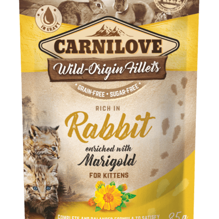 Saszetka 85g mokrej karmy Carnilove Kitten Rabbit & Marigold z grafiką małego tygrysa i królika na tle kwiatów nagietka.