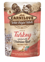 Saszetka 85g mokrej karmy Carnilove Cat Adult Turkey & Valerian Root z grafiką kota i indyka na tle korzenia kozłka lekarskiego.