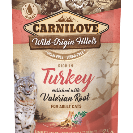 Saszetka 85g mokrej karmy Carnilove Cat Adult Turkey & Valerian Root z grafiką kota i indyka na tle korzenia kozłka lekarskiego.