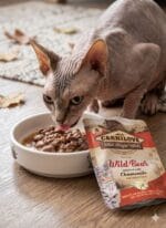 Saszetka 85g mokrej karmy Carnilove Cat Adult Wild Boar & Chamomile z grafiką kota i dzika na tle kwiatów rumianku.