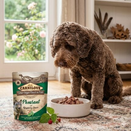 Saszetka 300g mokrej karmy Carnilove Adult Pheasant & Raspberry Leaves z grafiką bażanta i zielonych liści malin na opakowaniu.