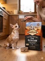 Opakowanie karmy Carnilove Adult Small Breed Fresh Ostrich & Lamb 1,5 kg z wizerunkiem małego psa i strusia, informujące o zawartości świeżego mięsa.