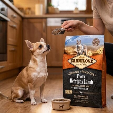 Opakowanie karmy Carnilove Adult Small Breed Fresh Ostrich & Lamb 1,5 kg z wizerunkiem małego psa i strusia, informujące o zawartości świeżego mięsa.