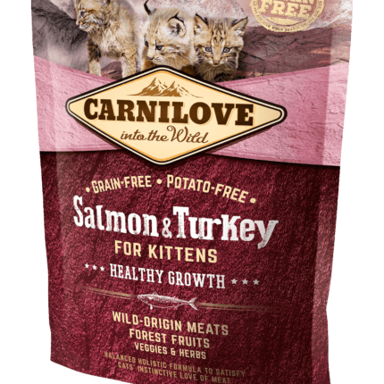 Opakowanie karmy Carnilove Kitten Salmon & Turkey 400g z wizerunkiem małego tygrysa, informujące o składzie dla kociąt bez zbóż.