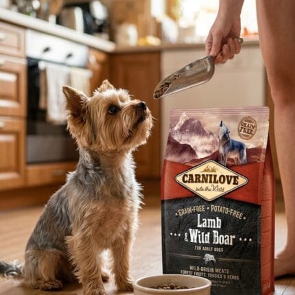 Opakowanie karmy Carnilove Adult Lamb & Wild Boar 1,5 kg z grafiką psa i dzikiej fauny, podkreślające skład bez zbóż i ziemniaków.