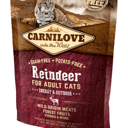 Opakowanie karmy Carnilove Cat Adult Reindeer 400g z wizerunkiem kota i renifera na tle lasu, podkreślające formułę Energy & Outdoor.