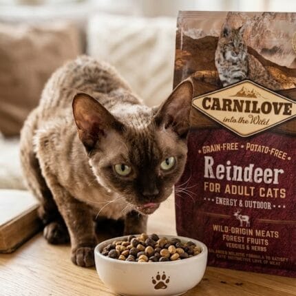 Opakowanie karmy Carnilove Cat Adult Reindeer 400g z wizerunkiem kota i renifera na tle lasu, podkreślające formułę Energy & Outdoor.