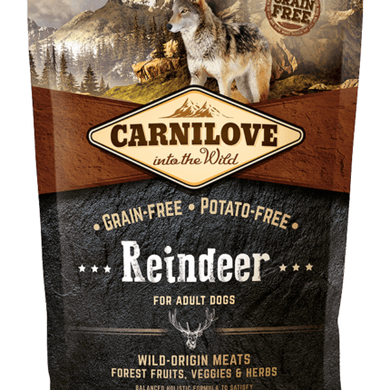 Opakowanie karmy Carnilove Adult Reindeer 1,5 kg z grafiką renifera na tle zimowego krajobrazu, informujące o naturalnym składzie bez zbóż.