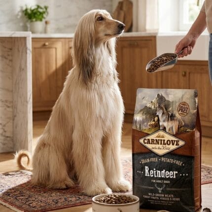 Opakowanie karmy Carnilove Adult Reindeer 1,5 kg z grafiką renifera na tle zimowego krajobrazu, informujące o naturalnym składzie bez zbóż.