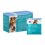 Opakowanie 20 sztuk chusteczek Covetrus przeznaczonych do bezpiecznego czyszczenia okolic oczu psów i kotów, skutecznie usuwających zacieki łzowe.