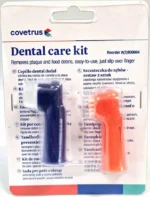 Zestaw dwóch białych szczoteczek do zębów Covetrus z ergonomiczną rączką, przeznaczonych do pielęgnacji jamy ustnej u psów i kotów.