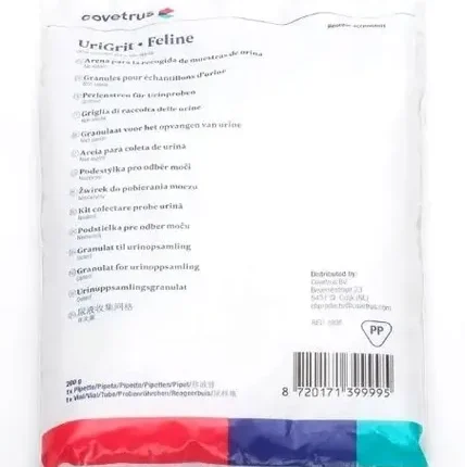 Zestaw Covetrus do pobierania moczu u kota: białe opakowanie 200g żwirku niechłonnego.