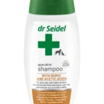 Butelka 220ml specjalistycznego szamponu Dr Seidel z kwasem borowym i octowym dla psów i kotów – profesjonalna pielęgnacja dermatologiczna. Szampon przeciwbakteryjny i przeciwgrzybiczy dla psa i kota.
