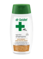 Butelka 220ml specjalistycznego szamponu Dr Seidel z kwasem borowym i octowym dla psów i kotów – profesjonalna pielęgnacja dermatologiczna. Szampon przeciwbakteryjny i przeciwgrzybiczy dla psa i kota.