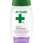 Butelka 220ml skoncentrowanego szamponu proteinowego Dr Seidel dla kotów – produkt z kocimiętką do pielęgnacji sierści. Szampon dla kota