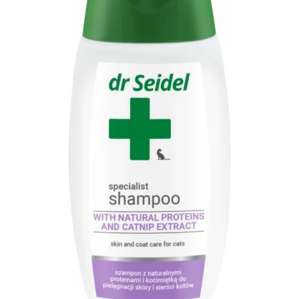 Butelka 220ml skoncentrowanego szamponu proteinowego Dr Seidel dla kotów – produkt z kocimiętką do pielęgnacji sierści. Szampon dla kota