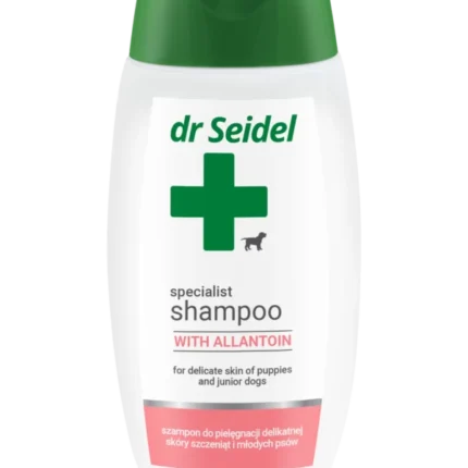 Butelka 220ml delikatnego szamponu Dr Seidel szampon dla szczeniąt i młodych psów z dodatkiem alantoiny i protein.