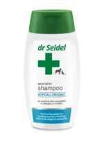 Butelka 220ml skoncentrowanego szampon hipoalergiczny dla psa i kota Dr Seidel – preparat bez barwników i zapachów.