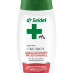 Butelka 220ml szampon z chlorheksydyną i ketokonazolem dla psa i kota – preparat na silne infekcje skórne.