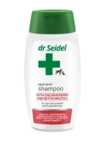 Butelka 220ml szampon z chlorheksydyną i ketokonazolem dla psa i kota – preparat na silne infekcje skórne.