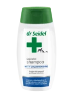 Butelka 220ml Dr Seidel szampon z chlorheksydyną dla psa kota i gryzoni – preparat na infekcje bakteryjne i grzybicze.