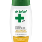 Butelka 220ml Dr Seidel z dziegciem i biosiarką dla psów – szampon na łojotok tłusty dla psa, specjalistyczna pomoc przy tłustej skórze i świądzie.