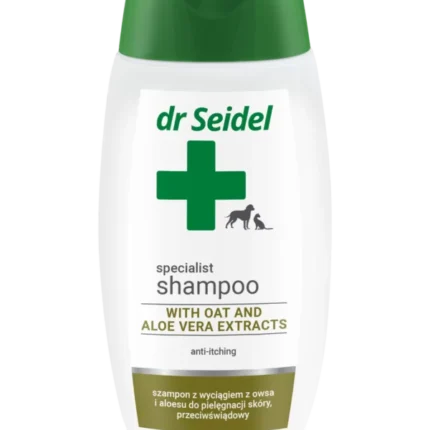 Butelka 220ml Dr Seidel szampon z owsem i aloesem dla psa i kota – preparat na suchą i swędzącą skórę.