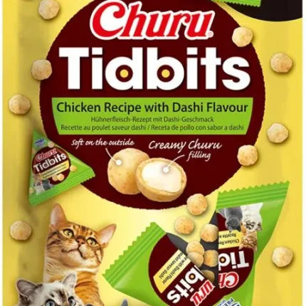 Opakowanie przysmaków Inaba Churu Tidbits Chicken Recipe o smaku Dashi, zawierające 3 saszetki miękkich kąsków z kurczaka dla kota.