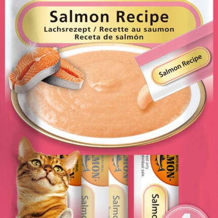Opakowanie przysmaków Inaba Churu Salmon Recipe zawierające 4 tubki kremowego musu z łososia dla kota.